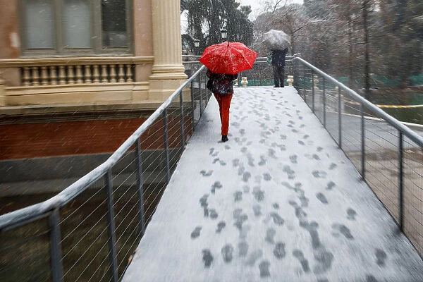 People walk during a heavy snowfall in Retiro park in Madrid