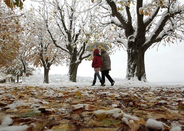 People walk through the snow and autumn leaves covered landscape in Herrsching