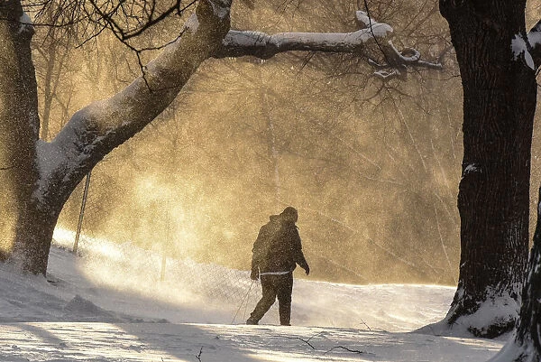 A person walks through Fort Greene Park during winter storm Niko in the Brooklyn borough