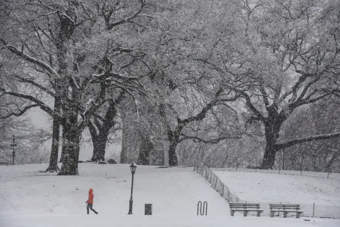 Framed Print : A person walks through the snow during a storm in the Brooklyn borough of New York City Framed Print : A person walks through the snow during a storm in the Brooklyn borough of New York City