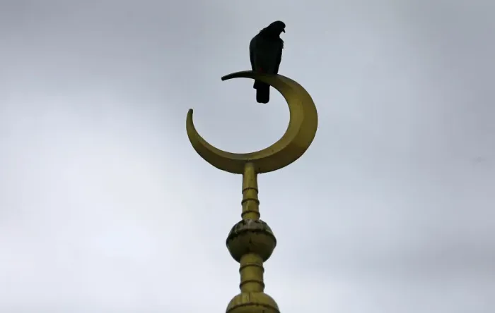 Framed Print : A pigeon is seen on top of a cresent during the holy month of Ramadan at a mosque in Framed Print : A pigeon is seen on top of a cresent during the holy month of Ramadan at a mosque in