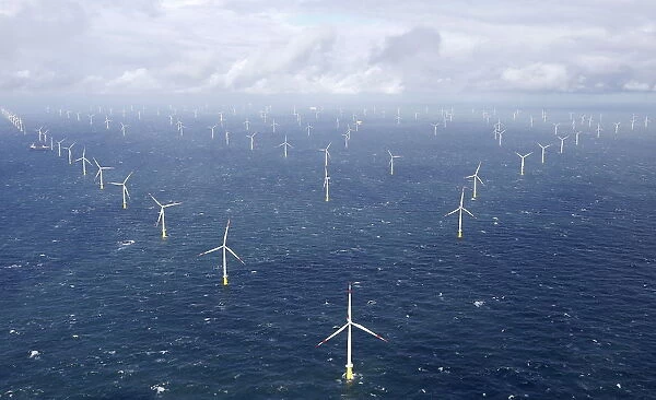 Power-generating windmill turbines are pictured at the Amrumbank West offshore windpark