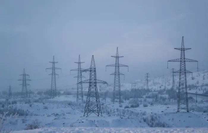Framed Print : Power transmission lines are seen on a frosty day outside the town of Monchegorsk in Framed Print : Power transmission lines are seen on a frosty day outside the town of Monchegorsk in