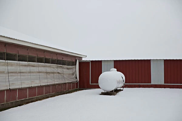 A propane tank stands outside a hog building at Duncan Farms in Polo