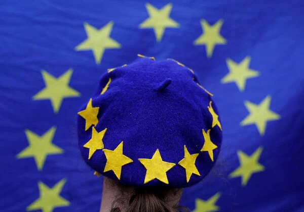A protester wearing a Europen Union flag themed beret takes part in an anti-Brexit