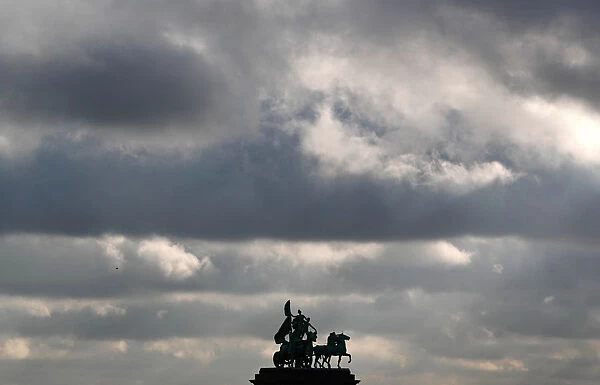 A Quadriga is seen on the top of the Cinquantenaire arch in Brussels