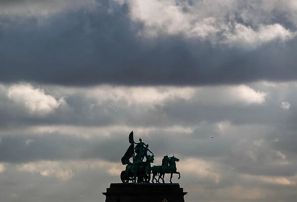 A Quadriga is seen on the top of the Cinquantenaire arch in Brussels