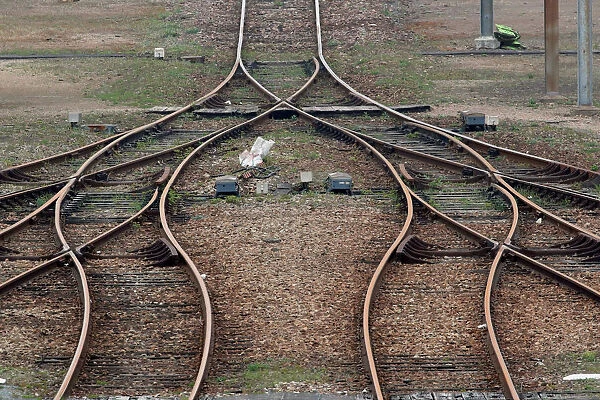 Empty railway tracks are seen at a marshalling yard in Sotteville-Les-Rouen