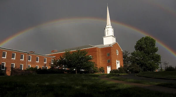 A rainbow over a church in the Washington D. C. area