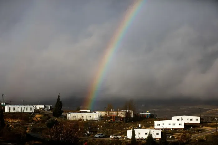 Framed Print : A rainbow is seen over the Israeli settler outpost of Amona in the occupied West Bank Framed Print : A rainbow is seen over the Israeli settler outpost of Amona in the occupied West Bank