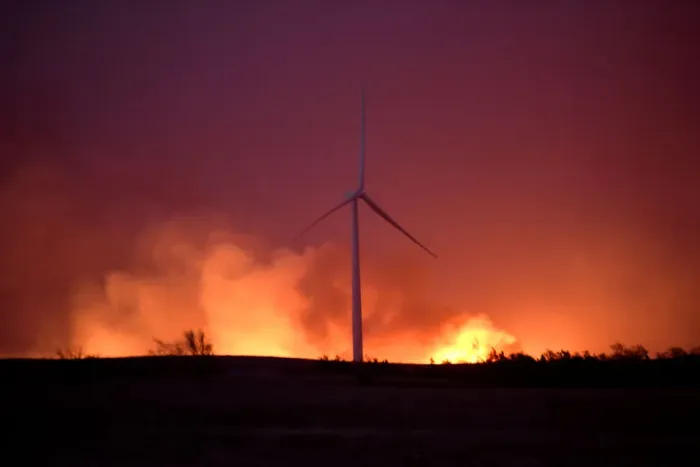 Framed Print : The Rhea fire rages behind a wind farm near Seiling Framed Print : The Rhea fire rages behind a wind farm near Seiling