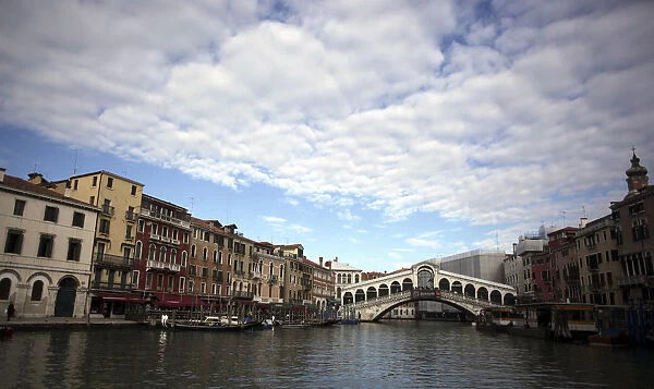 Rialto Bridge is seen on a empty Grand Canal in Venice