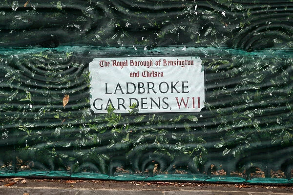 A road sign and hedge is covered by netting ahead of Notting Hill Carnival in London
