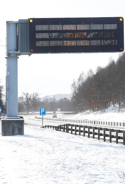 A road sign warns against driving in the snow near Perth, Scotland