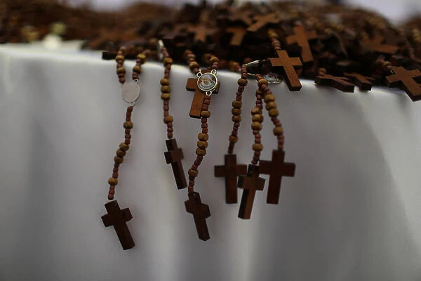 Rosaries made by inmates to be distributed during the visit of Pope Francis are displayed