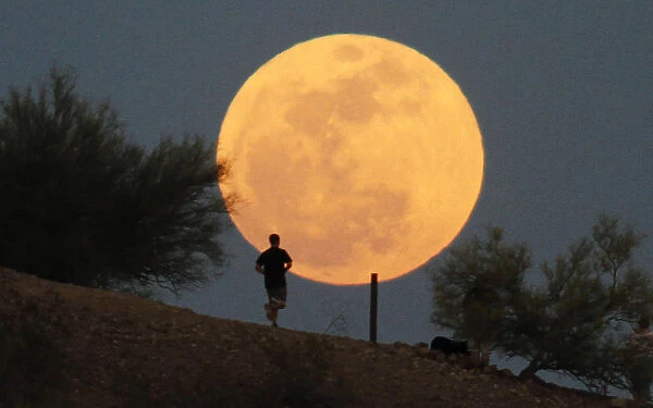 A runner makes his way along a trail on a butte in front of the super Moon at Papago