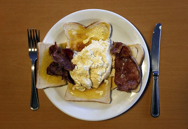 Scrambled eggs and bacon on toast is seen at a roadside cafe along the A59 near Sawley