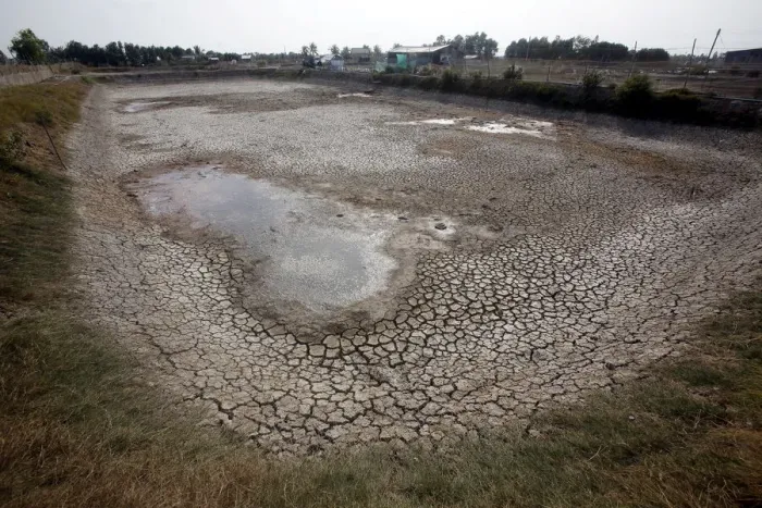 Framed Print : A shrimp farm affected by drought is seen in Bac Lieu province, in the Mekong Delta