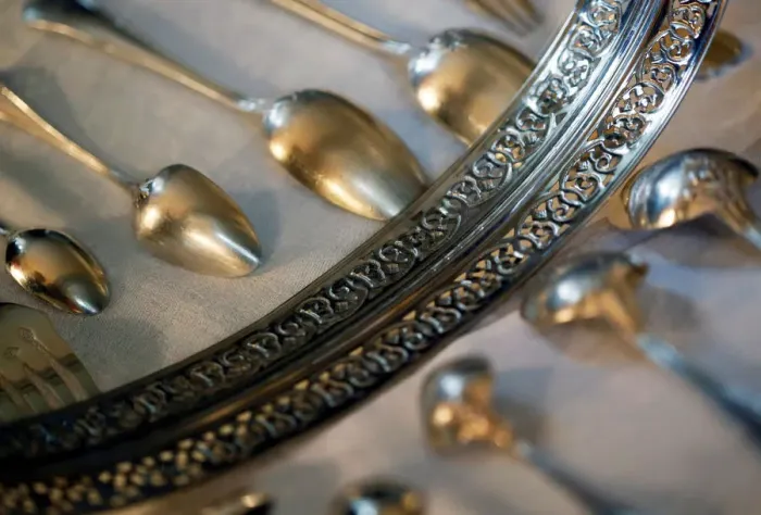 Framed Print : Silver products are pictured in a second-hand silverware shop in Bordeaux, France Framed Print : Silver products are pictured in a second-hand silverware shop in Bordeaux, France