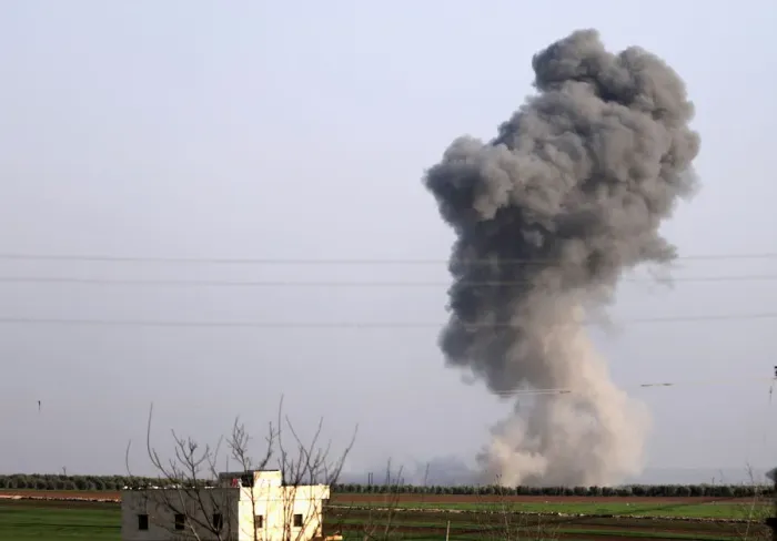 Framed Print : Smoke rises as Turkish-backed Free Syrian Army fighters advanced in north of Afrin Framed Print : Smoke rises as Turkish-backed Free Syrian Army fighters advanced in north of Afrin