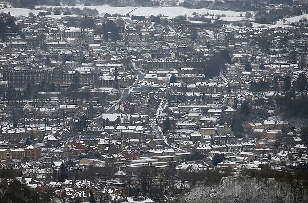 Snow covers the buildings below the Heights of Abraham country park, in Matlock Bath