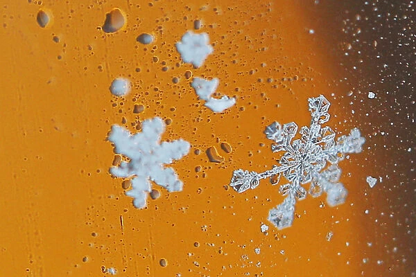 Snowflakes collect on a car window during a winter nor easter snow storm in Waltham