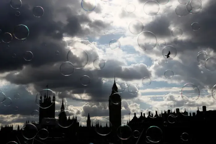 Framed Print : Soap bubbles float past the Houses of Parliament in central London Framed Print : Soap bubbles float past the Houses of Parliament in central London