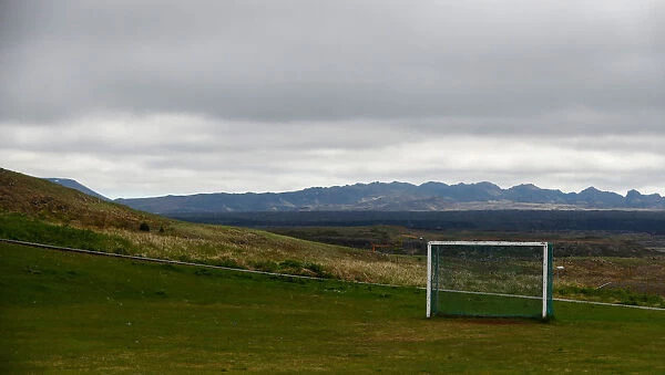 A soccer goal is pictured in Hafnarfjordur