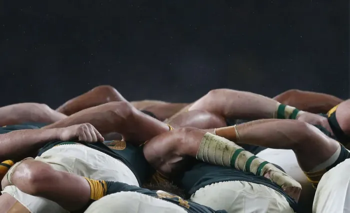 Framed Print : South Africa players compete in a scrum with New Zealand players