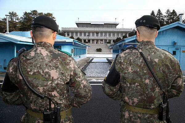 South Korean soldiers stand guard at the truce village of Panmunjom