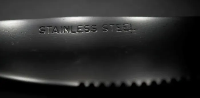 Framed Print : Stainless Steel is seen stamped onto the blade of a knife in Manchester Framed Print : Stainless Steel is seen stamped onto the blade of a knife in Manchester