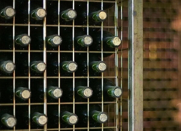 Stored bottles lay in a wine cellar during season of grape harvest in La Rioja