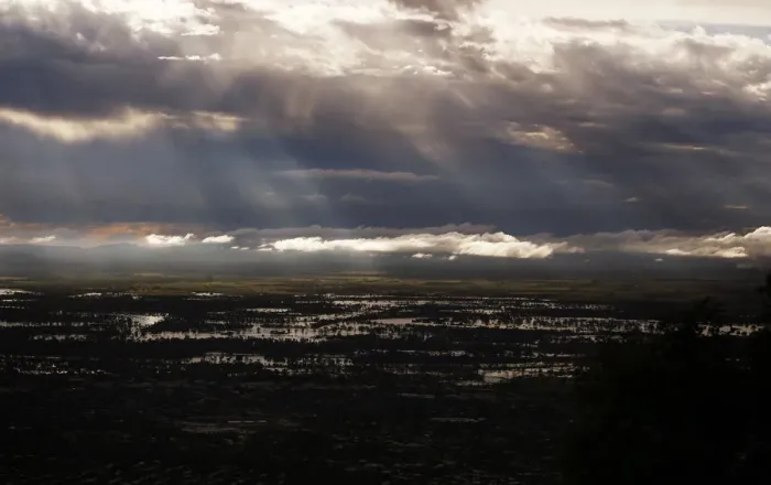 Framed Print : Sunlight descend over flooded waters near Rockhampton, Queensland Framed Print : Sunlight descend over flooded waters near Rockhampton, Queensland