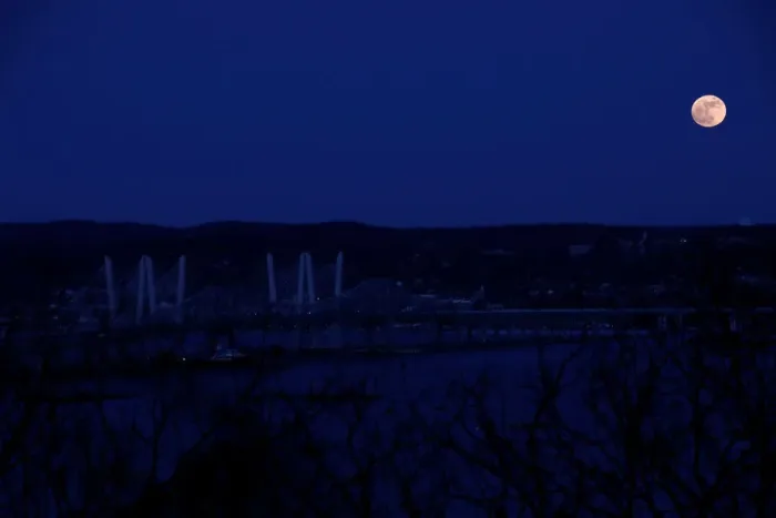 Framed Print : A supermoon full moon is seen above the Hudson River and the Mario M