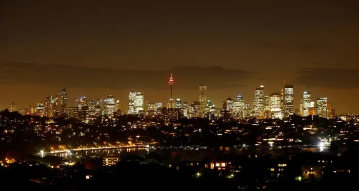 Framed Print : Sydneys central business district lights up after sunset as Australias largest city Framed Print : Sydneys central business district lights up after sunset as Australias largest city