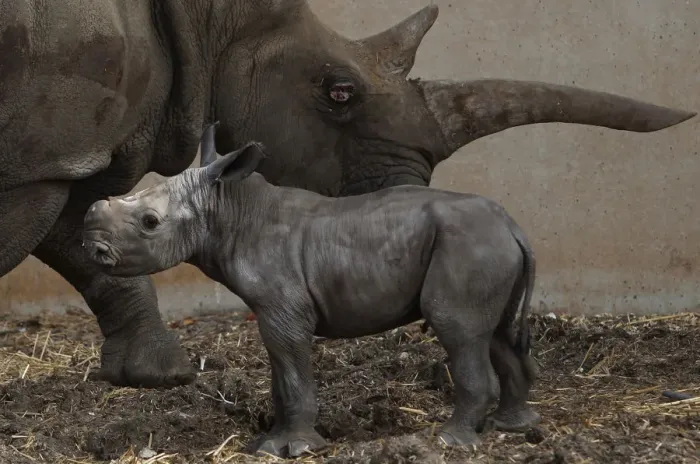 Framed Print : Tanda, a white rhinoceros, grazes with her one-day old calf at the Ramat Gan Safari near