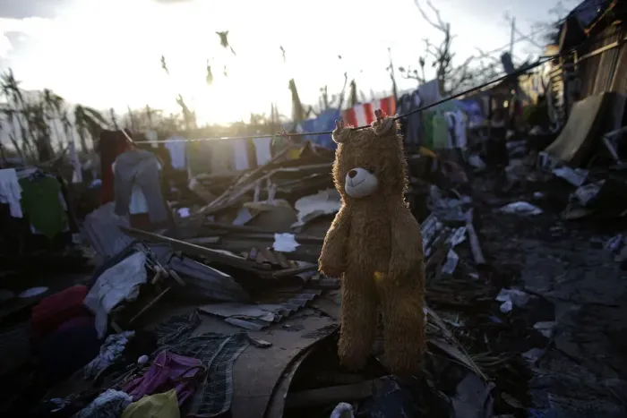 Framed Print : A teddy bear is hung out to dry in a part of Tolosa devastated by Typhoon Haiyan Framed Print : A teddy bear is hung out to dry in a part of Tolosa devastated by Typhoon Haiyan
