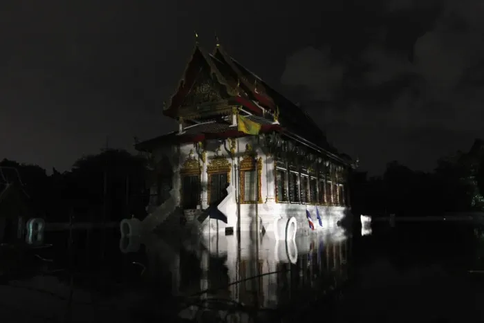 Framed Print : A temple is seen at a flooded area in Bangkok Framed Print : A temple is seen at a flooded area in Bangkok