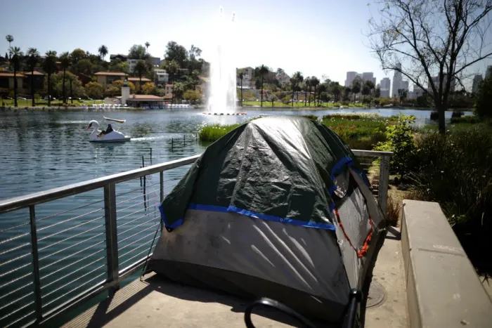 Framed Print : A tent is seen next to Echo Park Lake in Los Angeles Framed Print : A tent is seen next to Echo Park Lake in Los Angeles