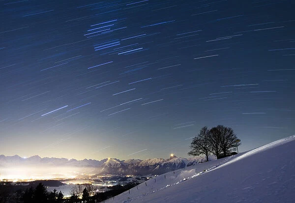 A time exposure photograph shows a tree in front of the snow covered Bernese alps