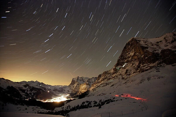 Time exposure of the Swiss mountain resort of Grindelwald next to the north face of