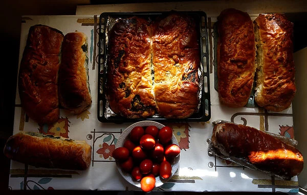 Traditional cakes and eggs are seen on the eve of Orthodox Easter in the town of Bobruisk