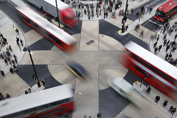 Traffic crosses over the new diagonal crossing at Oxford Circus in London