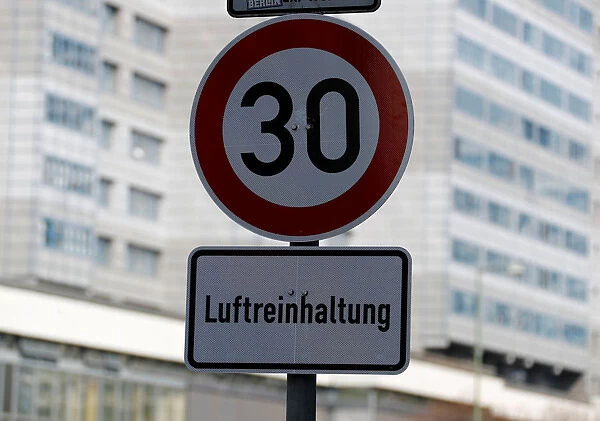 A traffic sign to reduce speed is pictured at Leipziger street to help to reduce air