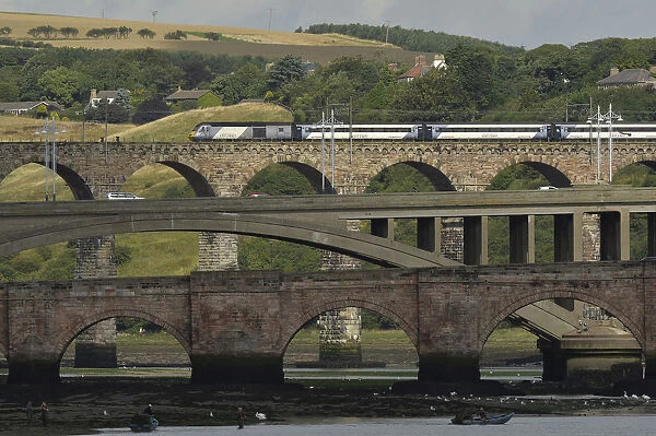 A train crosses the Royal Border Bridge, as fishermen are seen catching salmon in