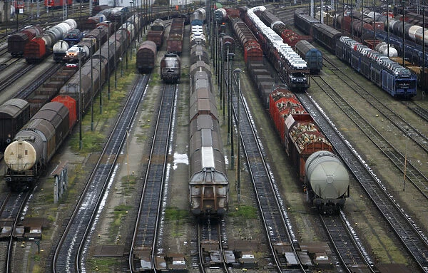 Trains are parked at the cargo rail station in Neuseddin