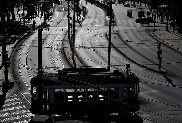 A tram arrives at Cais do Sodre station in downtown Lisbon