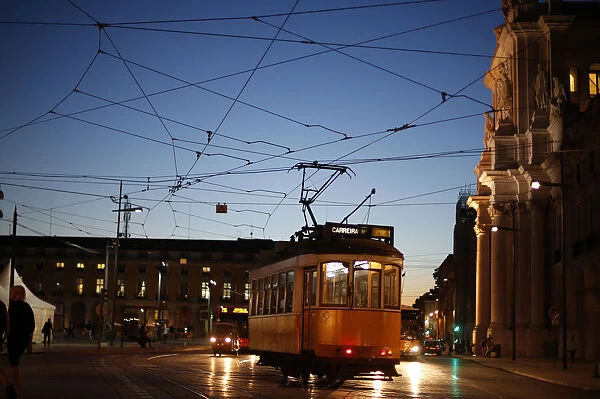 A tram arrives at Praca do Comercio square in downtown Lisbon
