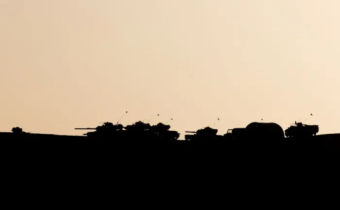 Framed Print : Turkish military are silhouetted on the top of a hill close to the border line between Framed Print : Turkish military are silhouetted on the top of a hill close to the border line between
