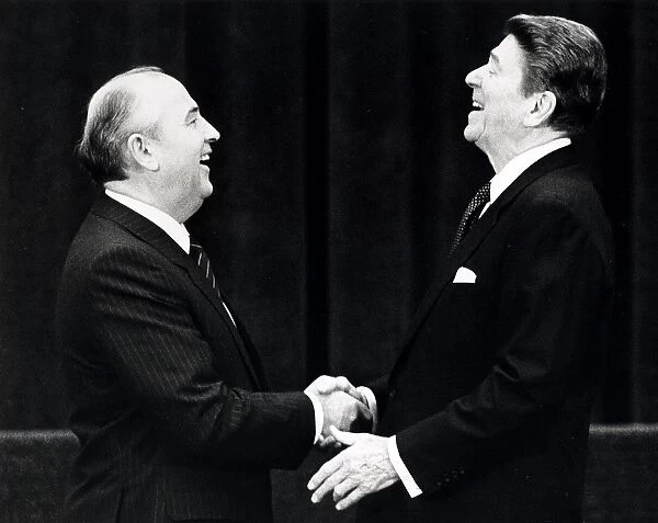 U. S. President Ronald Reagan shaking hands with Soviet leader Mikhail Gorbachev